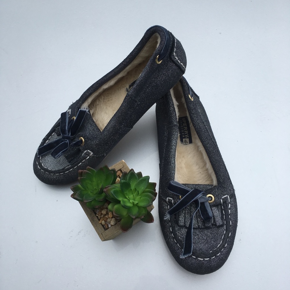 Sperry Blue Glitter Moccasin Boat Shoes Fluffy Faux Fur Lining Size 7